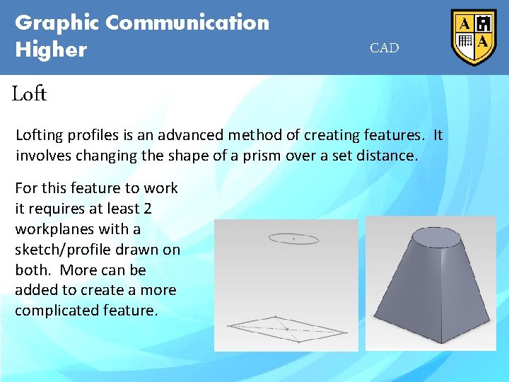 Graphic Communication Higher CAD Lofting profiles is an advanced method of creating features. It