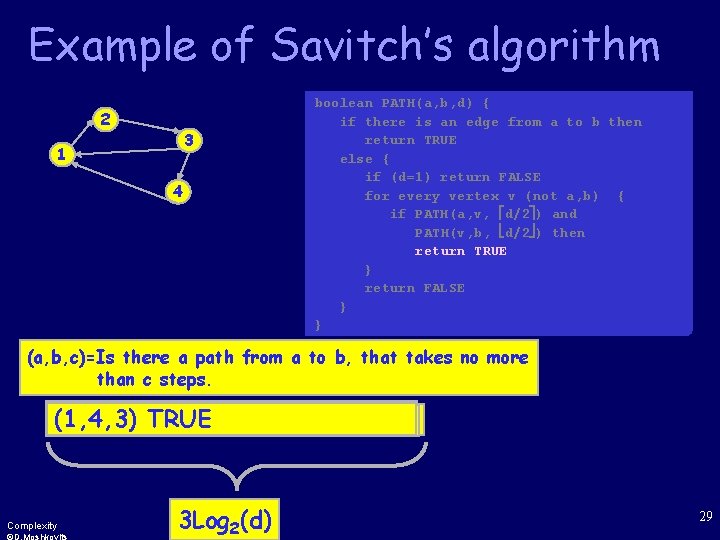 Example of Savitch’s algorithm 2 3 1 4 boolean PATH(a, b, d) { if