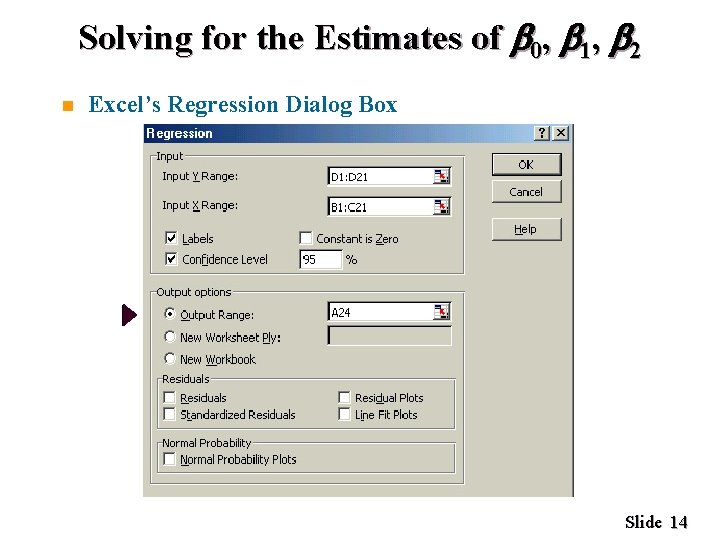 Solving for the Estimates of 0, 1, 2 n Excel’s Regression Dialog Box Slide