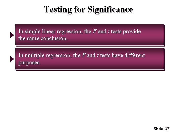 Testing for Significance In simple linear regression, the F and t tests provide the