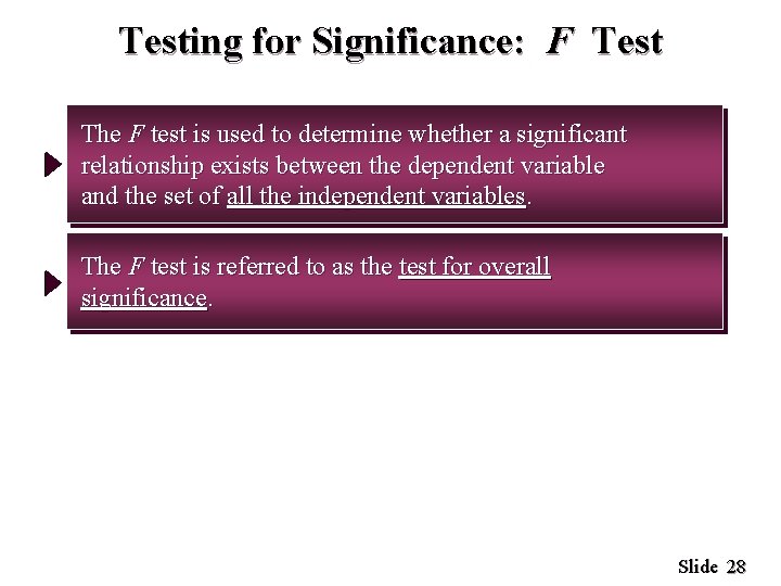 Testing for Significance: F Test The F test is used to determine whether a
