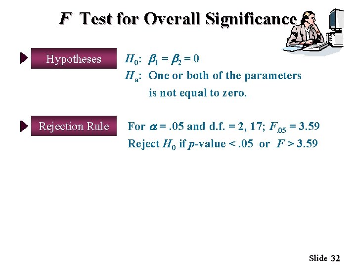 F Test for Overall Significance Hypotheses Rejection Rule H 0: 1 = 2 =