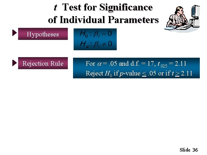 t Test for Significance of Individual Parameters Hypotheses Rejection Rule For =. 05 and