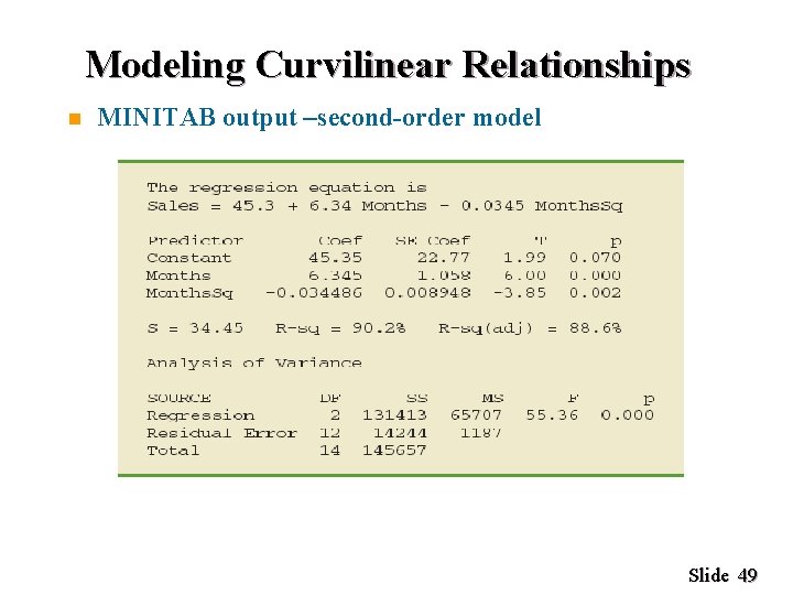 Modeling Curvilinear Relationships n MINITAB output –second-order model Slide 49 