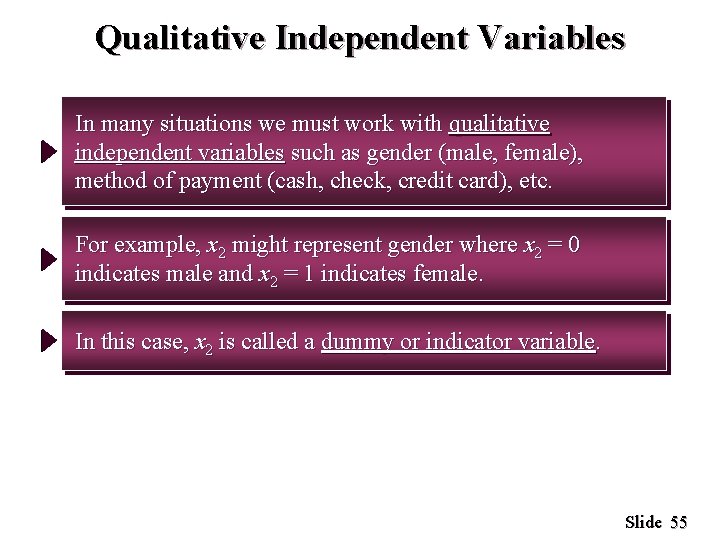 Qualitative Independent Variables In many situations we must work with qualitative independent variables such