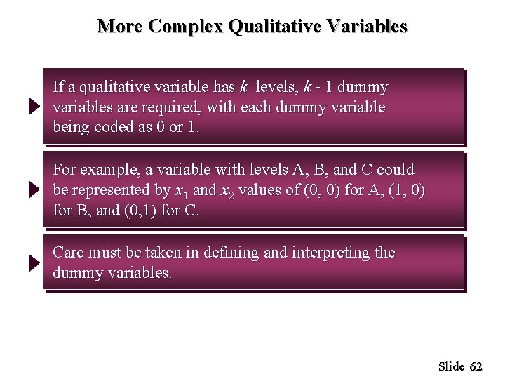 More Complex Qualitative Variables If a qualitative variable has k levels, k - 1