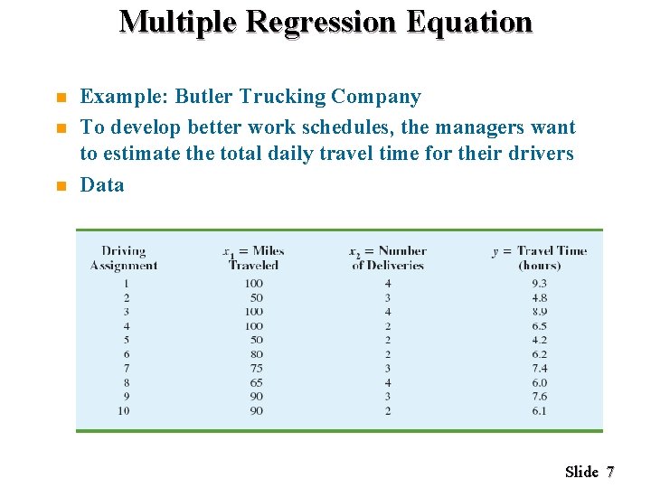 Multiple Regression Equation n Example: Butler Trucking Company To develop better work schedules, the