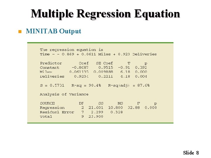Multiple Regression Equation n MINITAB Output Slide 8 