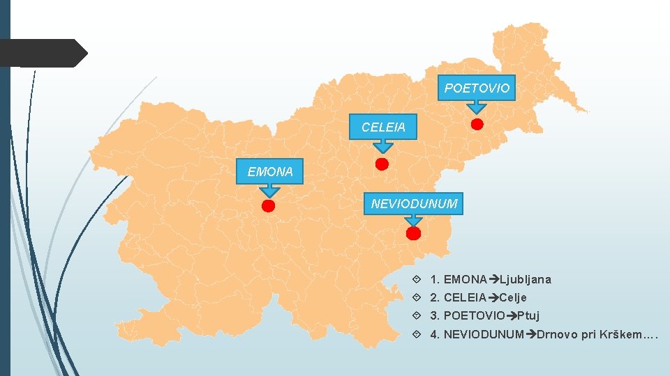 POETOVIO CELEIA EMONA NEVIODUNUM 1. EMONA Ljubljana 2. CELEIA Celje 3. POETOVIO Ptuj 4.