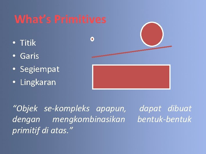 What’s Primitives • • Titik Garis Segiempat Lingkaran “Objek se-kompleks apapun, dengan mengkombinasikan primitif