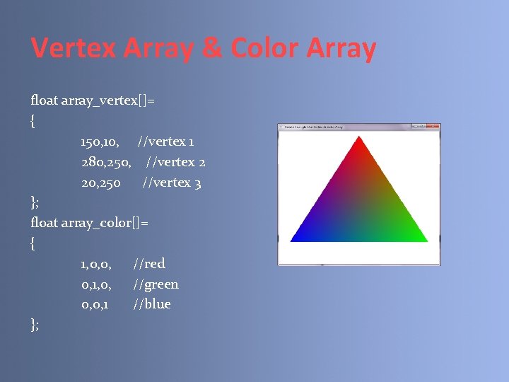Vertex Array & Color Array float array_vertex[]= { 150, 10, //vertex 1 280, 250,
