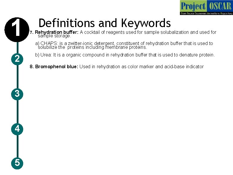 1 Definitions and Keywords 7. Rehydration buffer: A cocktail of reagents used for sample