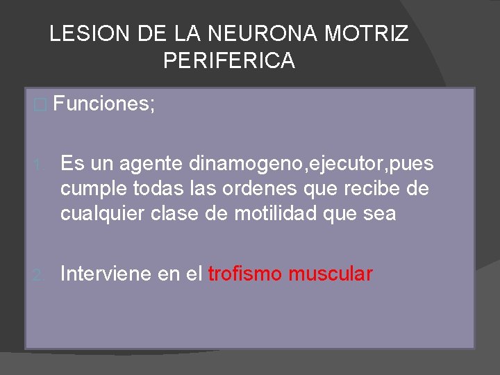 LESION DE LA NEURONA MOTRIZ PERIFERICA � Funciones; 1. Es un agente dinamogeno, ejecutor,