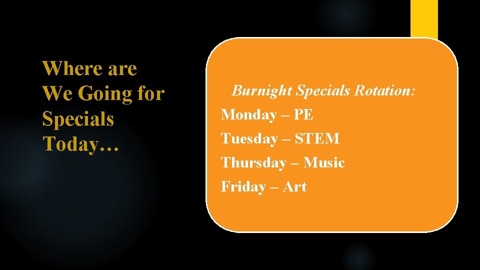 Where are We Going for Specials Today… Burnight Specials Rotation: Monday – PE Tuesday