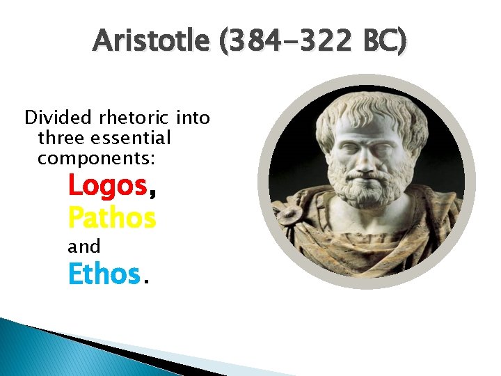 Aristotle (384 -322 BC) Divided rhetoric into three essential components: Logos, Pathos and Ethos.