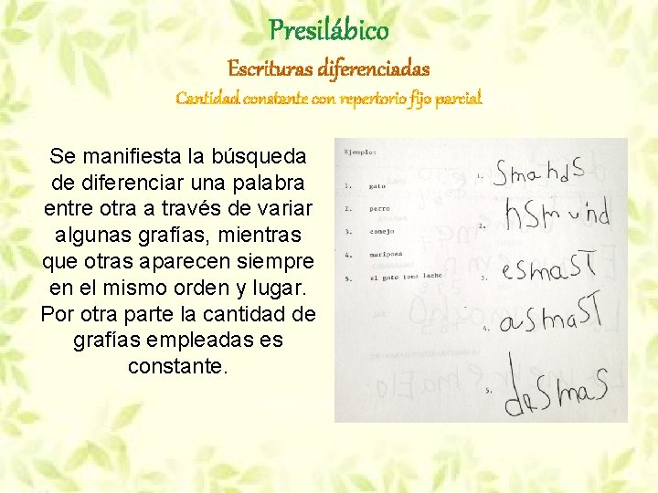 Presilábico Escrituras diferenciadas Cantidad constante con repertorio fijo parcial Se manifiesta la búsqueda de Presilábico Escrituras diferenciadas Cantidad constante con repertorio fijo parcial Se manifiesta la búsqueda de