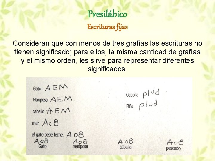 Presilábico Escrituras fijas Consideran que con menos de tres grafías las escrituras no tienen Presilábico Escrituras fijas Consideran que con menos de tres grafías las escrituras no tienen