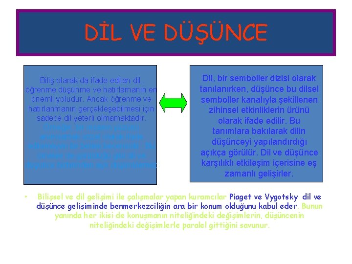 DİL VE DÜŞÜNCE Biliş olarak da ifade edilen dil, öğrenme düşünme ve hatırlamanın en