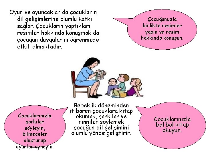 Oyun ve oyuncaklar da çocukların dil gelişimlerine olumlu katkı sağlar. Çocukların yaptıkları resimler hakkında