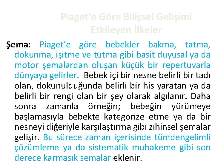 Piaget’e Göre Bilişsel Gelişimi Etkileyen İlkeler Şema: Piaget’e göre bebekler bakma, tatma, dokunma, işitme