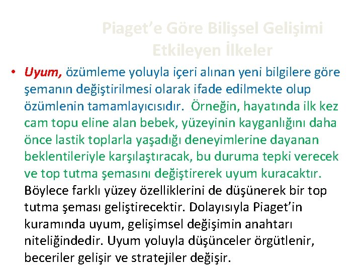 Piaget’e Göre Bilişsel Gelişimi Etkileyen İlkeler • Uyum, özümleme yoluyla içeri alınan yeni bilgilere