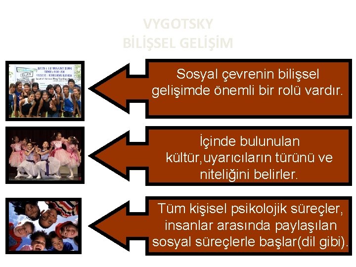 VYGOTSKY BİLİŞSEL GELİŞİM Sosyal çevrenin bilişsel gelişimde önemli bir rolü vardır. İçinde bulunulan kültür,