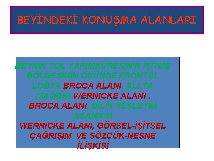 BEYİNDEKİ KONUŞMA ALANLARI BEYNİN SOL YARIMKÜRESİNİN İŞİTME BÖLGESİNİN ÖNÜNDE FRONTAL LOBTA BROCA ALANI, ALLTA