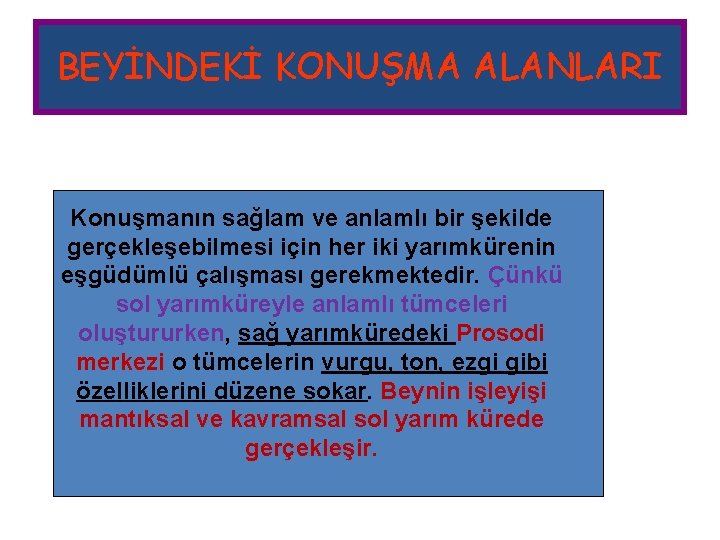 BEYİNDEKİ KONUŞMA ALANLARI Konuşmanın sağlam ve anlamlı bir şekilde gerçekleşebilmesi için her iki yarımkürenin