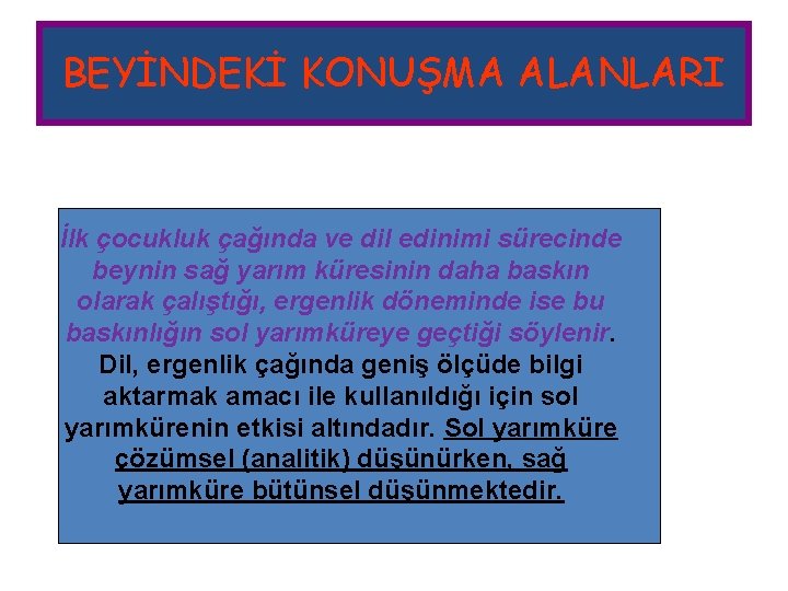 BEYİNDEKİ KONUŞMA ALANLARI İlk çocukluk çağında ve dil edinimi sürecinde beynin sağ yarım küresinin