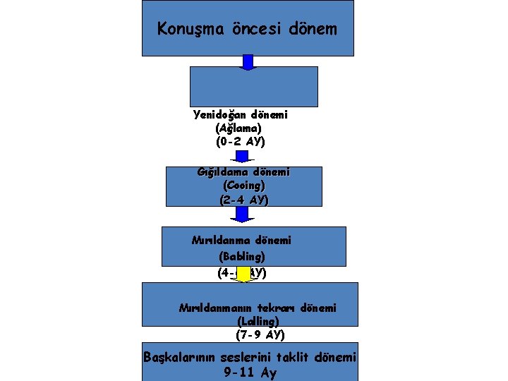 Konuşma öncesi dönem Yenidoğan dönemi (Ağlama) (0 -2 AY) Gığıldama dönemi (Cooing) (2 -4