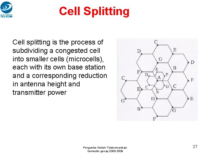 Cell Splitting Cell splitting is the process of subdividing a congested cell into smaller Cell Splitting Cell splitting is the process of subdividing a congested cell into smaller