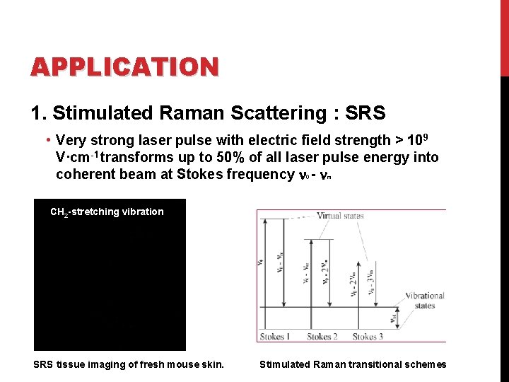 APPLICATION 1. Stimulated Raman Scattering : SRS • Very strong laser pulse with electric
