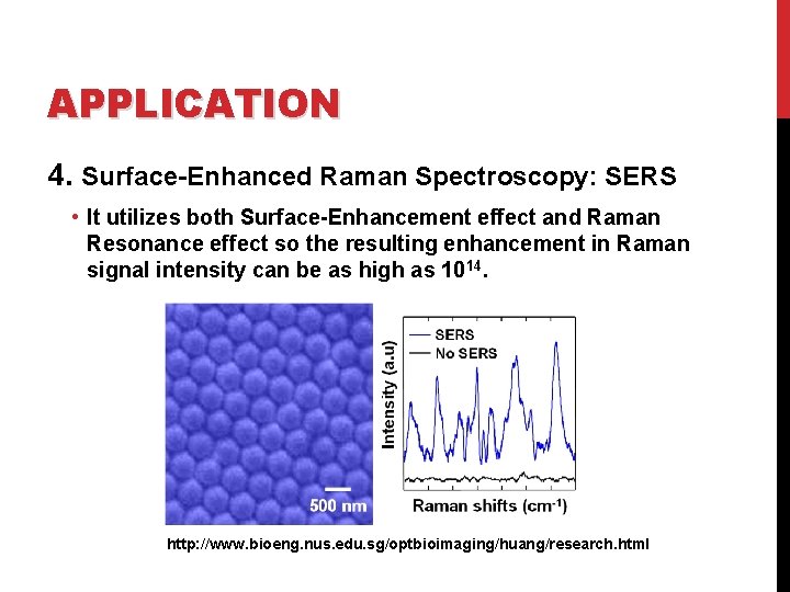 APPLICATION 4. Surface-Enhanced Raman Spectroscopy: SERS • It utilizes both Surface-Enhancement effect and Raman