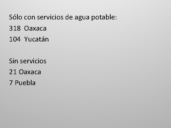 Sólo con servicios de agua potable: 318 Oaxaca 104 Yucatán Sin servicios 21 Oaxaca