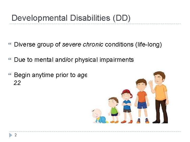 Developmental Disabilities (DD) Diverse group of severe chronic conditions (life-long) Due to mental and/or