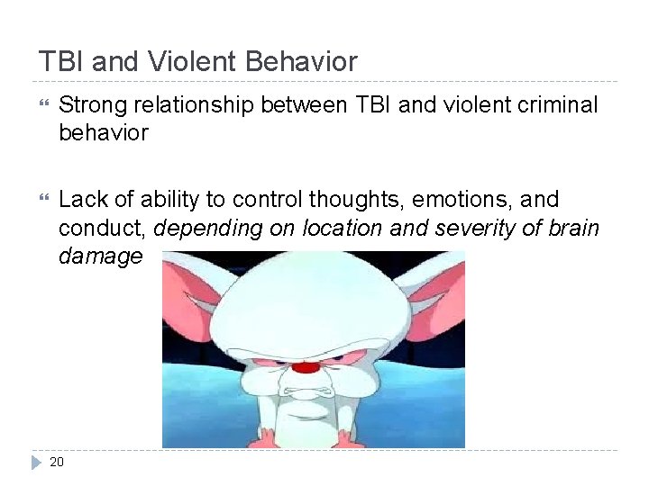 TBI and Violent Behavior Strong relationship between TBI and violent criminal behavior Lack of