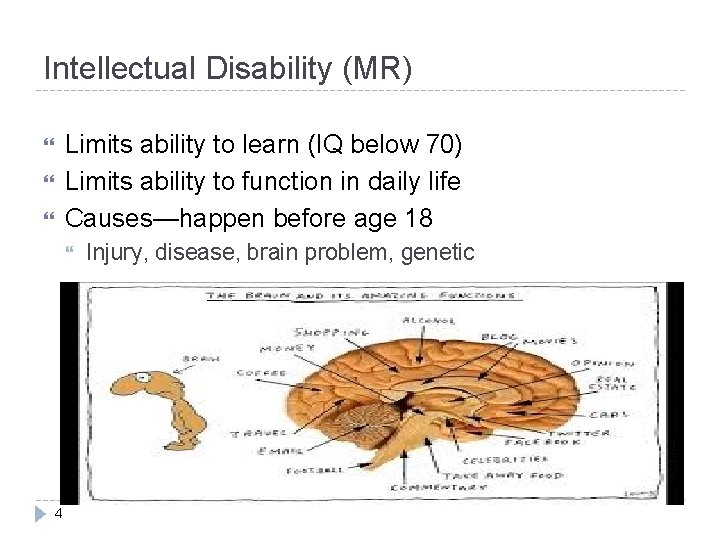 Intellectual Disability (MR) Limits ability to learn (IQ below 70) Limits ability to function