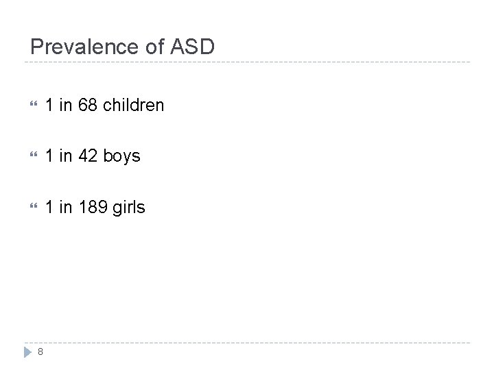 Prevalence of ASD 1 in 68 children 1 in 42 boys 1 in 189