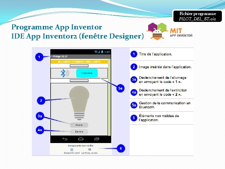 Fichier programme PILOT_DEL_BT. aia Programme App Inventor IDE App Inventor 2 (fenêtre Designer) 