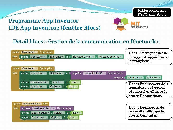 Fichier programme PILOT_DEL_BT. aia Programme App Inventor IDE App Inventor 2 (fenêtre Blocs) Détail