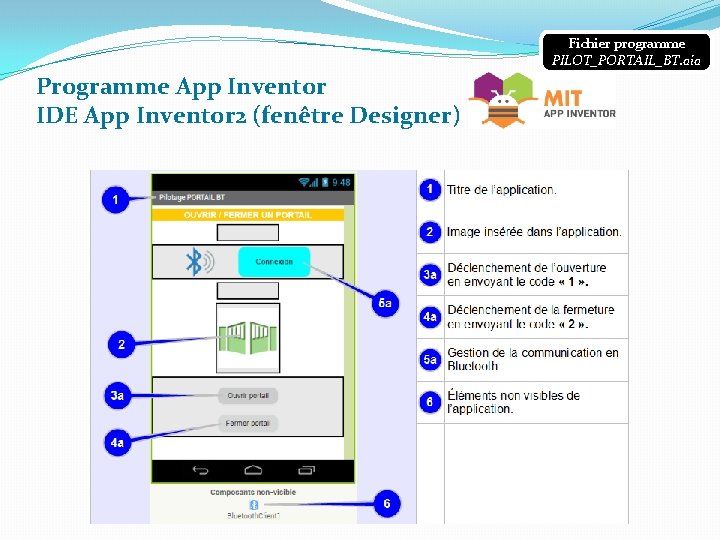 Fichier programme PILOT_PORTAIL_BT. aia Programme App Inventor IDE App Inventor 2 (fenêtre Designer) 