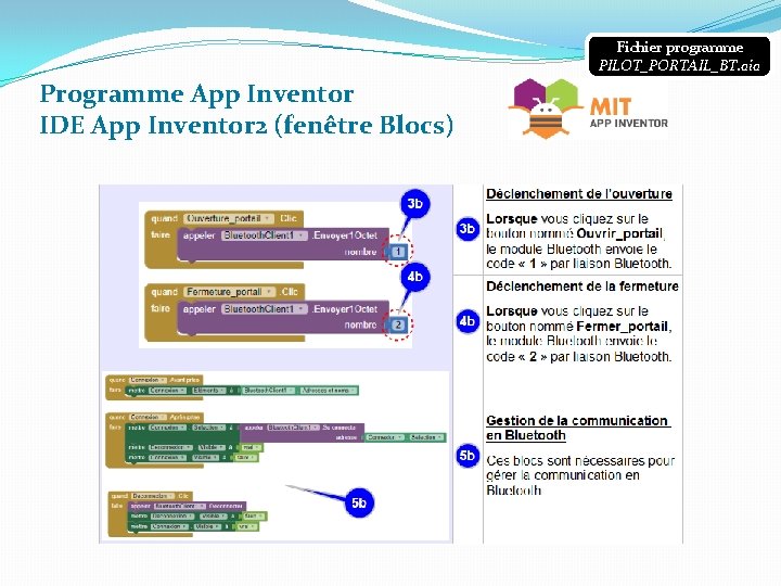 Fichier programme PILOT_PORTAIL_BT. aia Programme App Inventor IDE App Inventor 2 (fenêtre Blocs) 