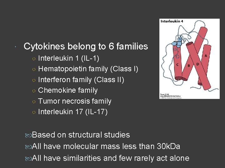  Cytokines belong to 6 families ○ Interleukin 1 (IL-1) ○ Hematopoietin family (Class