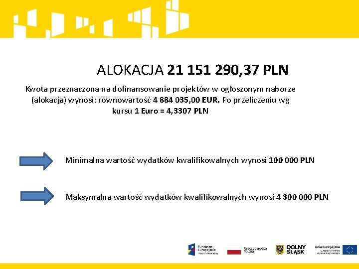 ALOKACJA 21 151 290, 37 PLN Kwota przeznaczona na dofinansowanie projektów w ogłoszonym naborze
