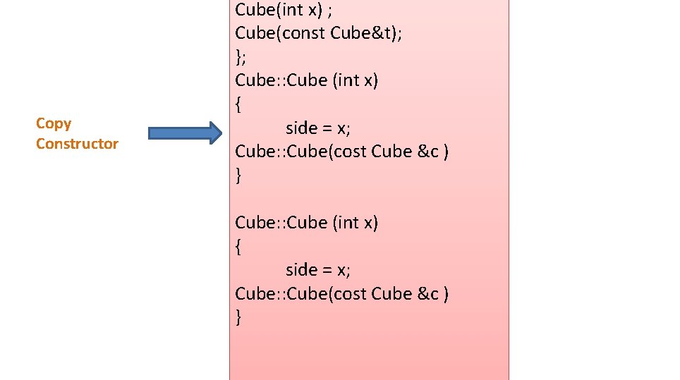 Copy Constructor Cube(int x) ; Copy Constructor Cube(const Cube&t); }; Cube: : Cube (int