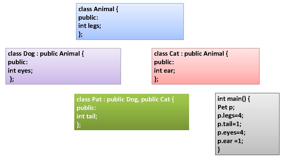class Animal { public: int legs; }; class Dog : public Animal { public: