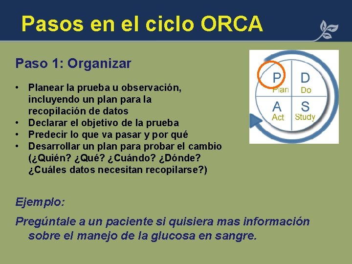 Pasos en el ciclo ORCA Paso 1: Organizar • Planear la prueba u observación,