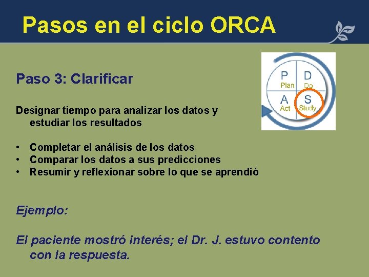 Pasos en el ciclo ORCA Paso 3: Clarificar Designar tiempo para analizar los datos