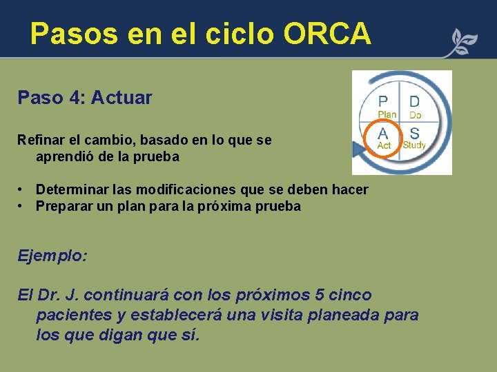 Pasos en el ciclo ORCA Paso 4: Actuar Refinar el cambio, basado en lo