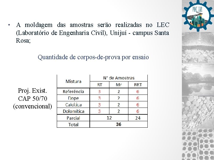  • A moldagem das amostras serão realizadas no LEC (Laboratório de Engenharia Civil),